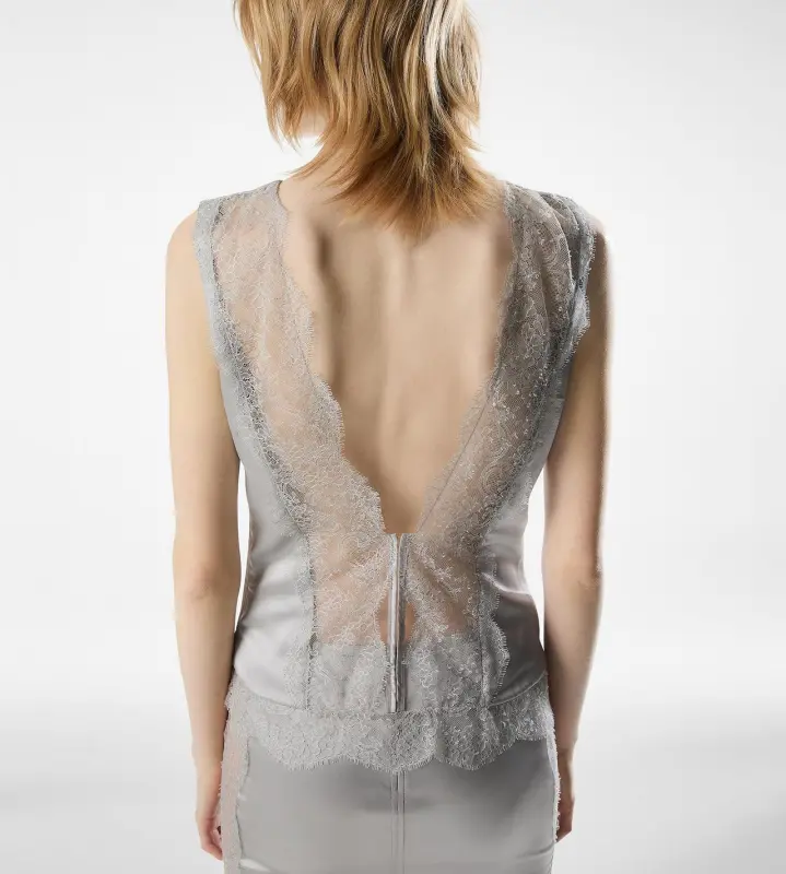 SLEEVELESS SILK TOP WITH V-BACK AND LACE INSERTS online